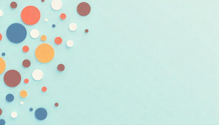 Colorful circles arranged on light blue surface for backgroundの写真素材