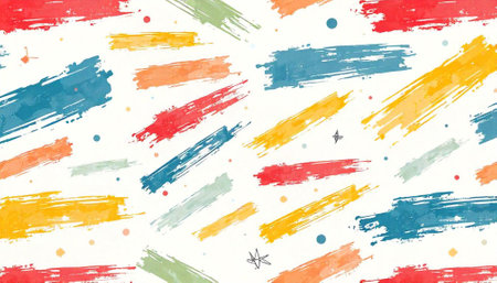 Colorful brush strokes and dots on white seamless pattern