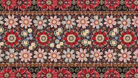 Vibrant floral pattern with folk art style motifs