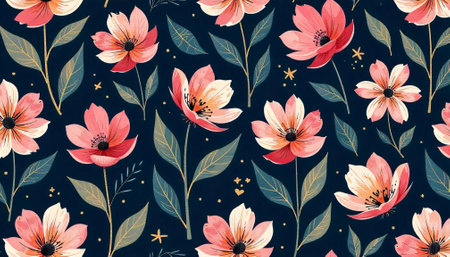 Elegant floral pattern with peach flowers on dark backgroundの写真素材