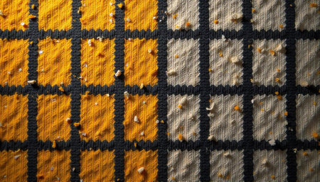 Gridded textured fabric with yellow and beige squaresの写真素材