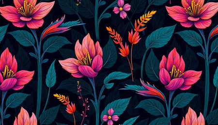Vibrant floral pattern featuring pink and teal tones on black