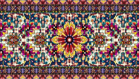 Vibrant stained glass kaleidoscopic background with floral element centerの写真素材