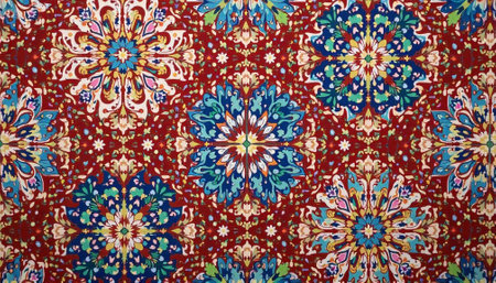 Detailed floral pattern on red background symmetrical arrangement visual