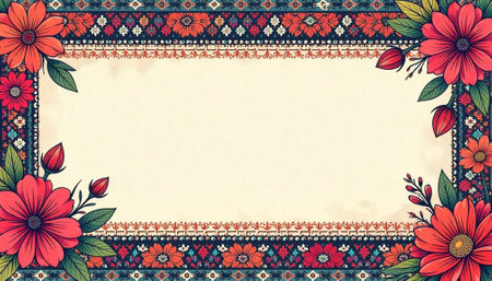 Floral frame with orange flowers and ethnic border elements