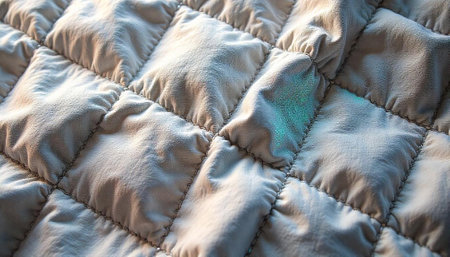 Beige quilted fabric background with stitched grid pattern texture