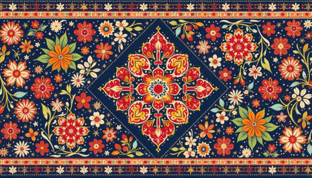 Floral patterned textile design with symmetrical and colorful accents