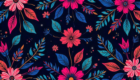 Vibrant floral pattern with pink and blue botanical elementsの写真素材