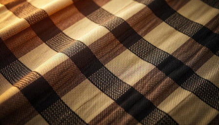 Brown plaid fabric texture close up with visible thread