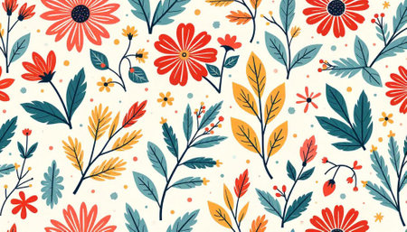 Whimsical floral pattern with bold colors and stylized leavesの写真素材