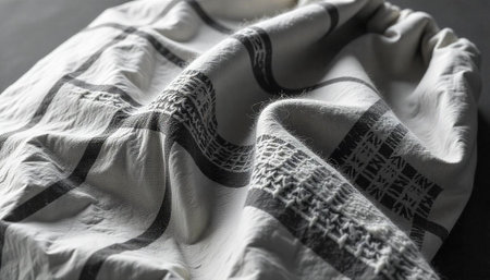 Elegant draped white fabric with dark gray pattern design