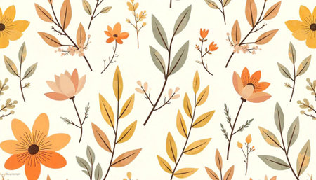 Autumn floral pattern with yellow, orange, and grey colorsの写真素材