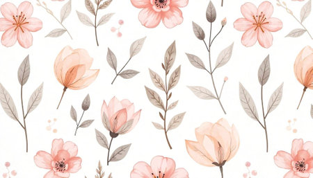 Seamless floral pattern featuring delicate pink flowers and leaves