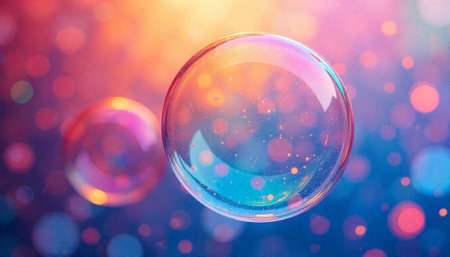 Floating soap bubbles with bokeh effect, colorful background