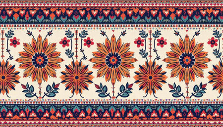 Floral design with stylized blossoms and decorative geometric borders