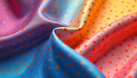 Colorful spotted silk fabric with vibrant rainbow gradient texture