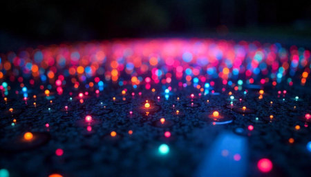 Abstract colorful bokeh lights on a textured dark surface