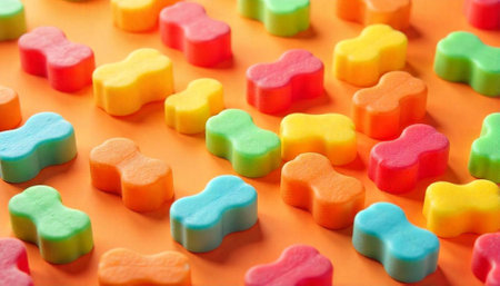 Colorful gummy candies on bright orange background in rowsの写真素材