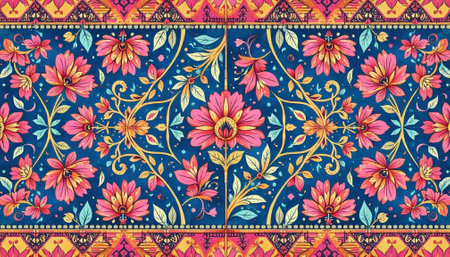 Vibrant floral pattern illustration with decorative borders and flourishesの写真素材
