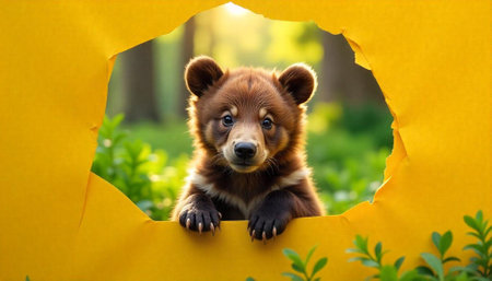 Adorable brown bear cub peering through a yellow frameの写真素材
