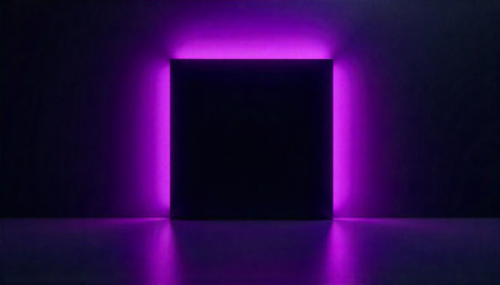 Abstract dark cube outlined with vibrant neon purple lightの写真素材