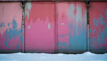 Industrial doors with pink paint and snow accumulation