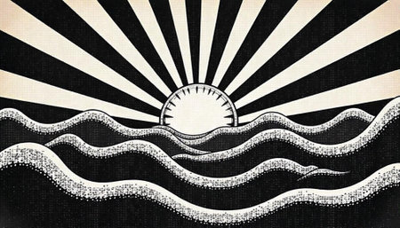 Monochrome waves under the sun with radiating beams graphic