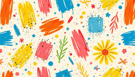 Playful Hand Drawn Pattern Featuring Vibrant Colors and Shapesの写真素材