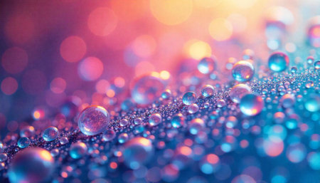 Macro shot of water droplets with colorful bokeh backgroundの写真素材
