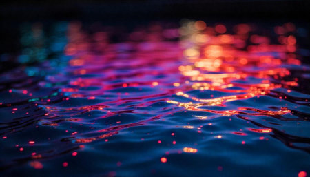 Abstract ripples reflecting city lights on water surface at night
