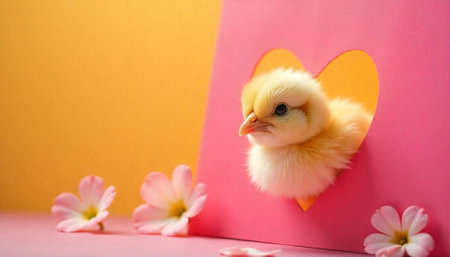 Cute chick emerging from a pink heart, floral accentsの写真素材