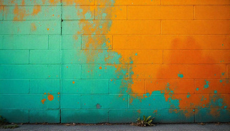 Colorful brick wall with vibrant paint splatters texture backgroundの写真素材
