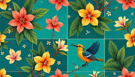 Vibrant floral pattern with tropical bird on teal backgroundの写真素材
