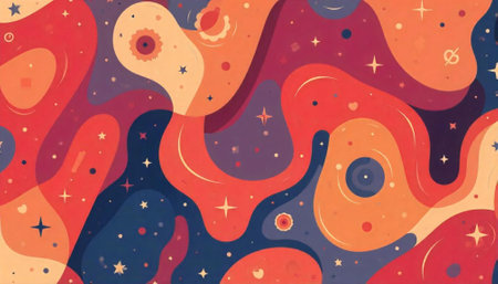 Abstract pattern of colorful fluid shapes and stars