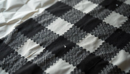 Black and white checkered pattern on textured fabric surface