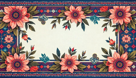 Decorative floral frame with stylized blooms and geometric border