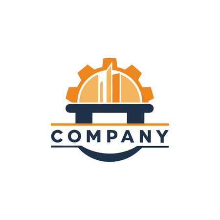 Construction company logo design with industrial gear and buildingsのイラスト素材