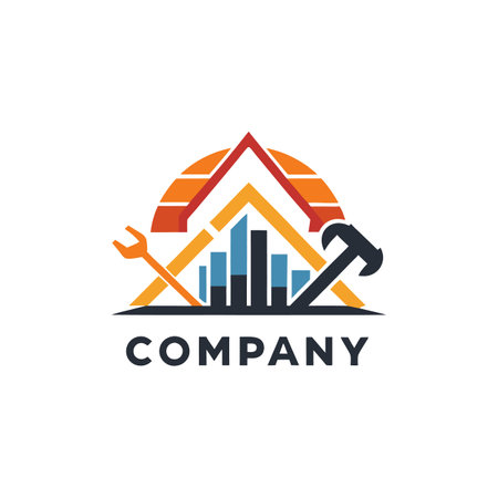Abstract construction company logo with tools and city skylineのイラスト素材