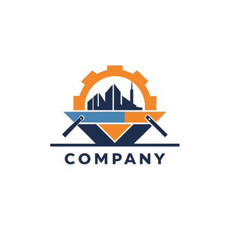 Modern urban construction company logo with gear and cityscapeのイラスト素材