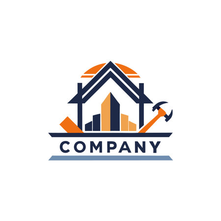 Construction company logo with house, buildings, and hammer iconのイラスト素材