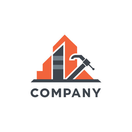 Construction company logo featuring a building and hammerのイラスト素材