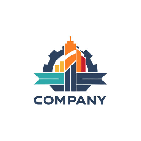Modern engineering logo icon with building and cogwheel designのイラスト素材