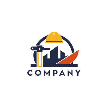 Construction company logo displaying building and safety equipment iconのイラスト素材