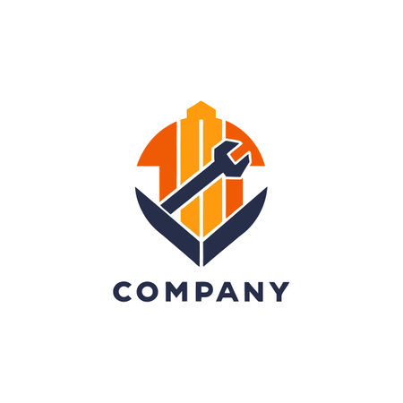 Construction and repair company logo with building and wrenchのイラスト素材