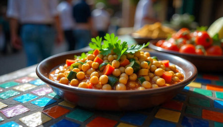 Chickpea stew with vegetables on colorful tile tableの写真素材