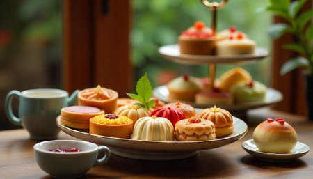 Elegant assortment of miniature cakes and beverages for afternoon teaの写真素材