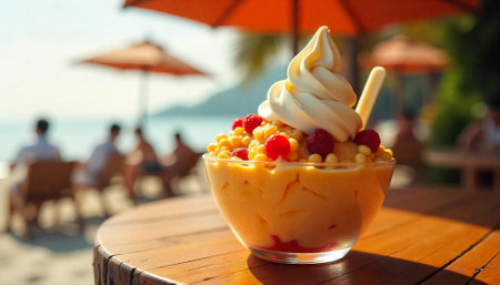 Tropical fruit ice cream dessert on a beach table
