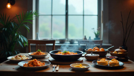 Delicious food arrangement on a wooden table indoors