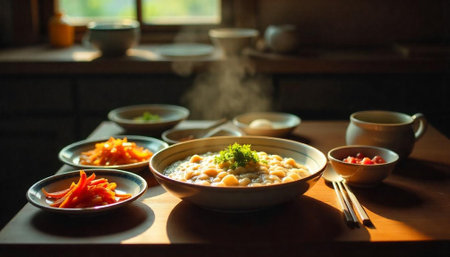 Warm and inviting still life with various prepared meals