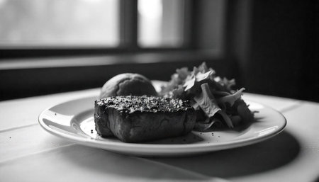 Elegant presentation of a steak dinner in monochrome tonesの写真素材